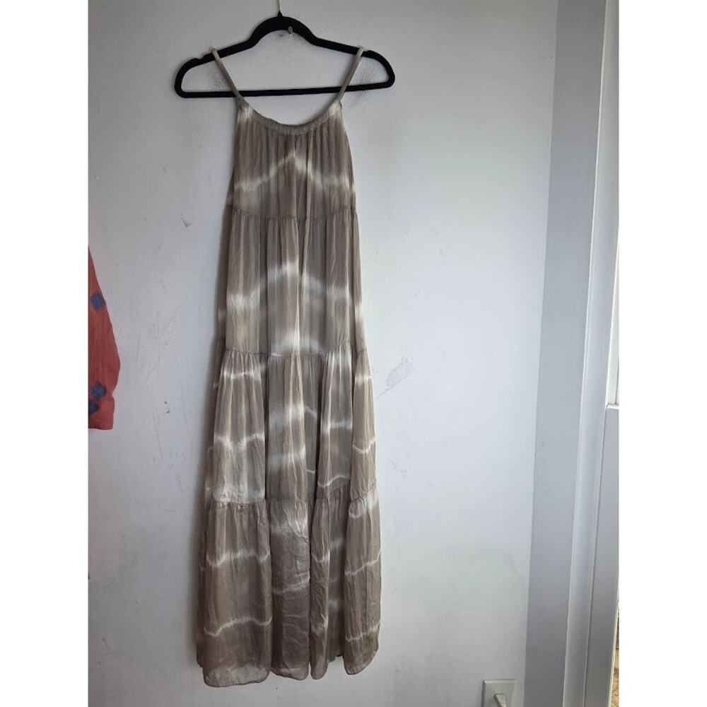 NWT Elena Baldi Beige Taupe Tie Dye Silk & Chifon Midi Cocktail Dress sz Medium